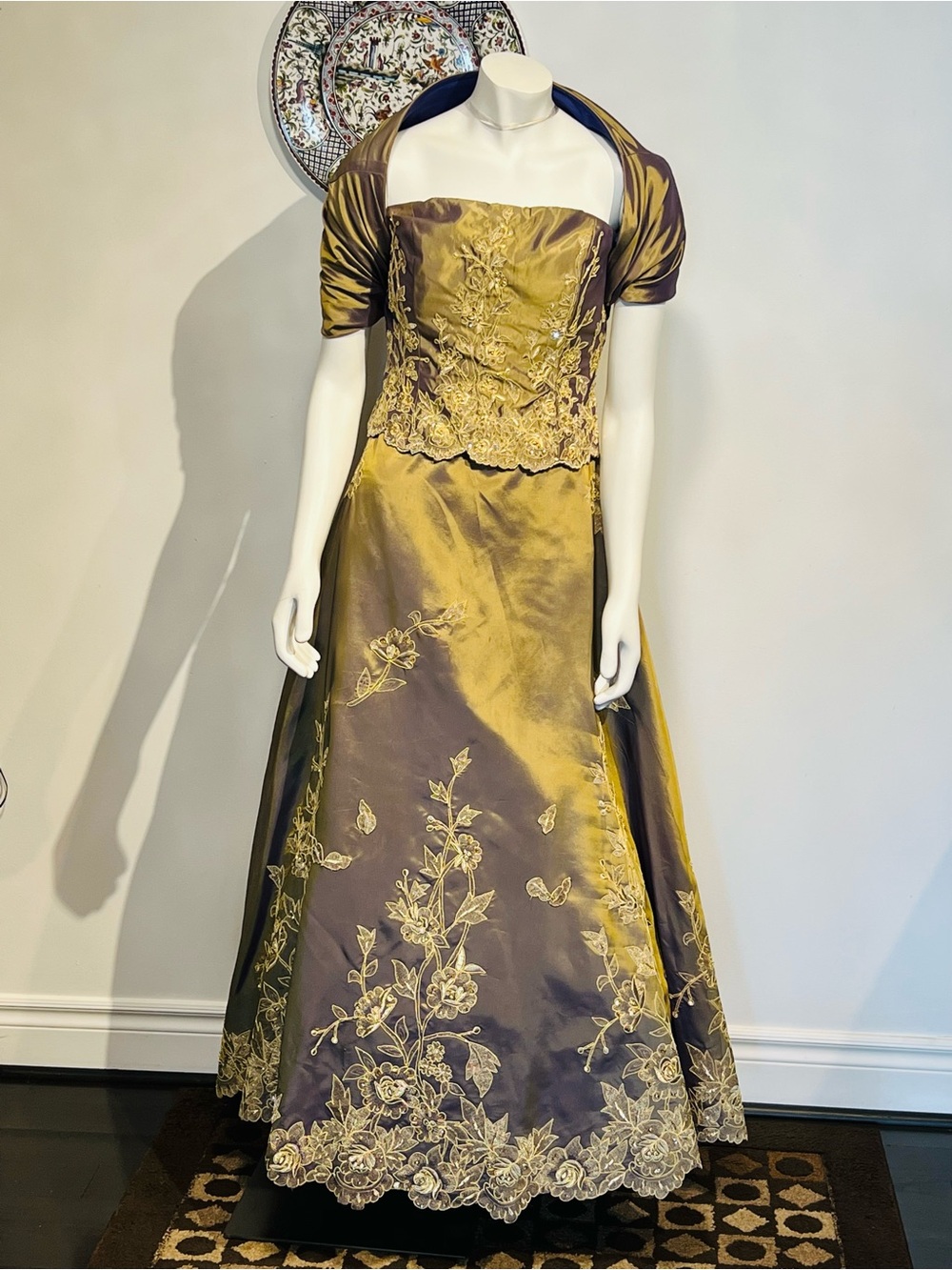 Strapless Gold Satin Evening Dress with Floral Embroidery